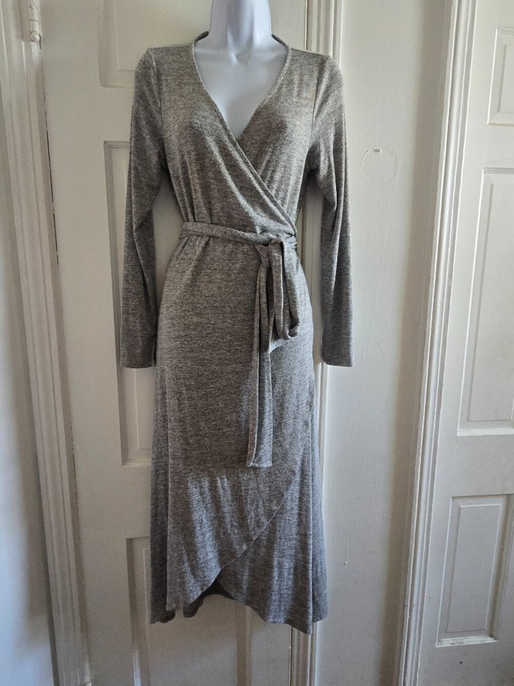 This gray jersey wrap dress